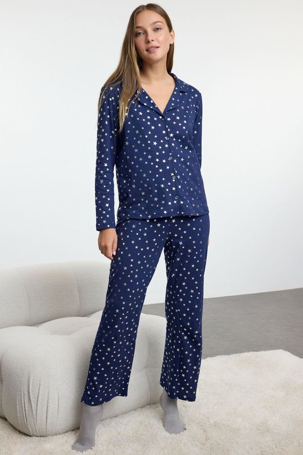 Trendyol Trendyol Navy Blue 100% Cotton Leaf Star Patterned Knitted Pajama Set