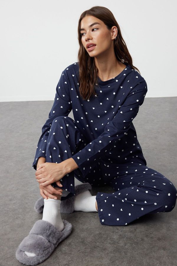 Trendyol Trendyol Navy Blue 100% Cotton Polka Dot and Heart Patterned Knitted Pajama Set