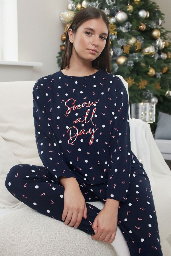 Trendyol Trendyol Navy Blue 100% Cotton Polka Dot Christmas Themed Knitted Pajama Set