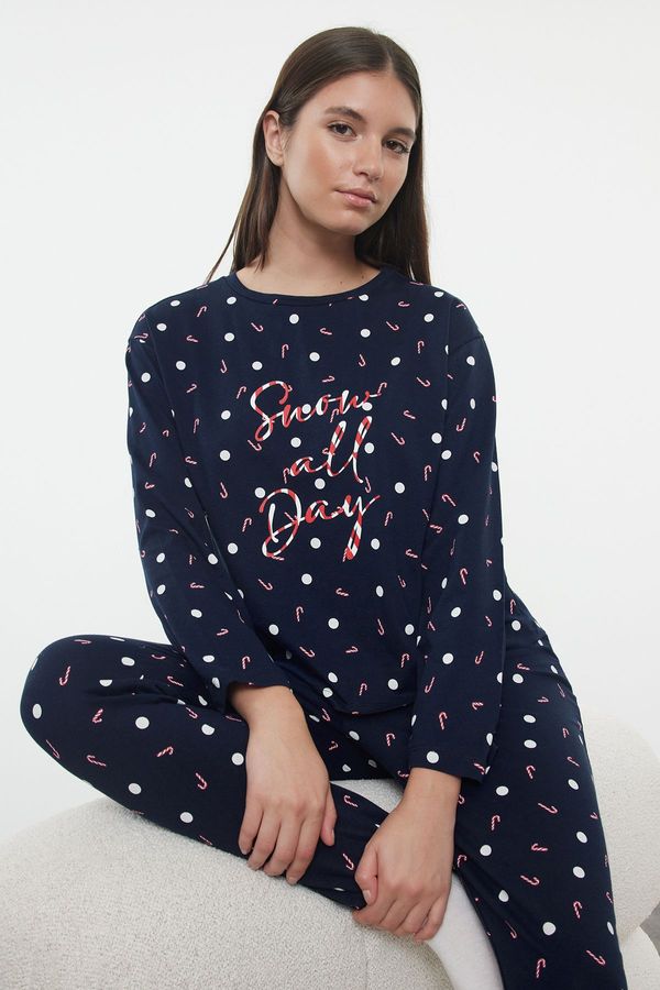 Trendyol Trendyol Navy Blue 100% Cotton Polka Dot Christmas Themed Knitted Pajama Set