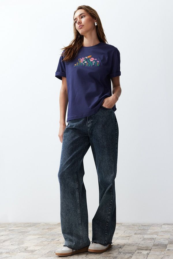Trendyol Trendyol Navy Blue 100% Cotton Relaxed/Wide Cut Floral Embroidery Knitted T-Shirt
