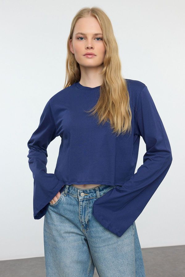 Trendyol Trendyol Navy Blue 100% Cotton Relaxed/Wide Relaxed Cut Crop Crew Neck Knitted T-Shirt