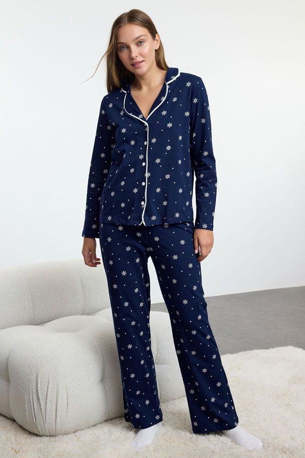 Trendyol Trendyol Navy Blue 100% Cotton Winter Themed Piping Knitted Pajamas Set