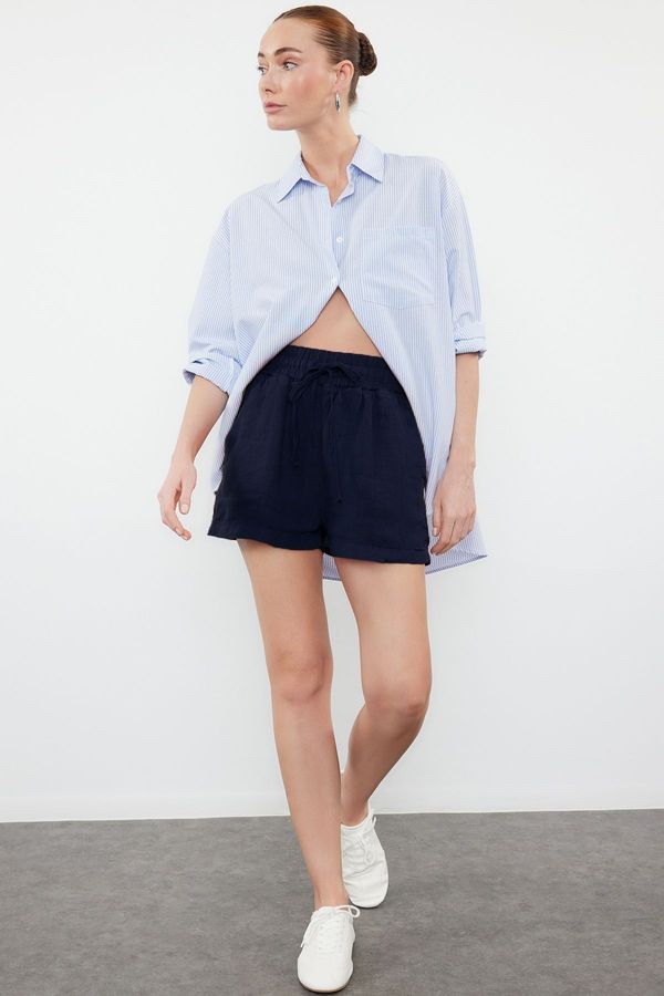 Trendyol Trendyol Navy Blue 100% Linen Elastic Waist High Waist Shorts