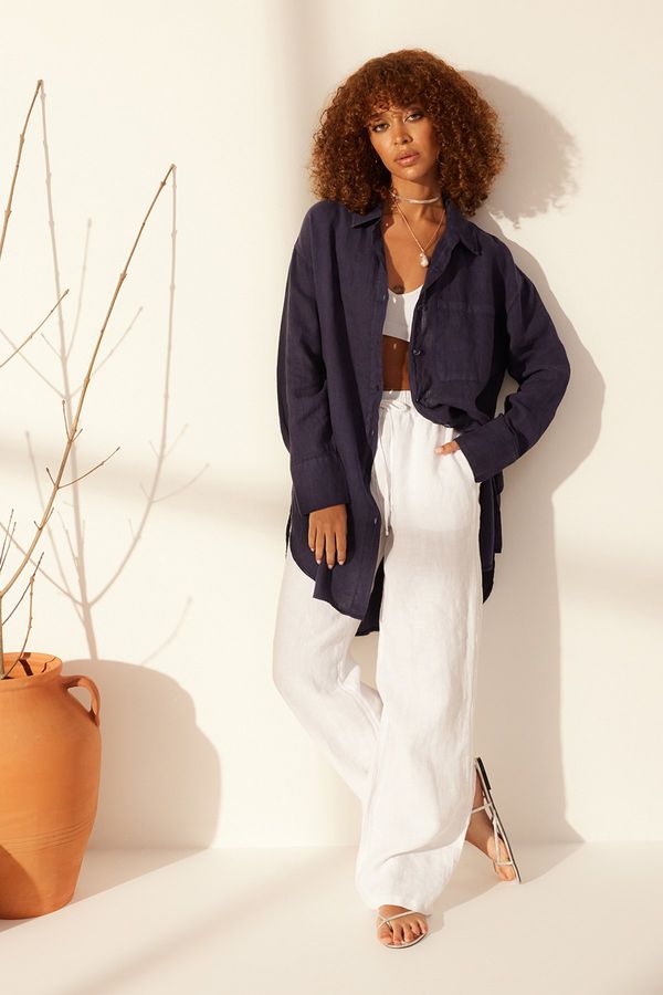 Trendyol Trendyol Navy Blue 100% Linen Oversize Shirt