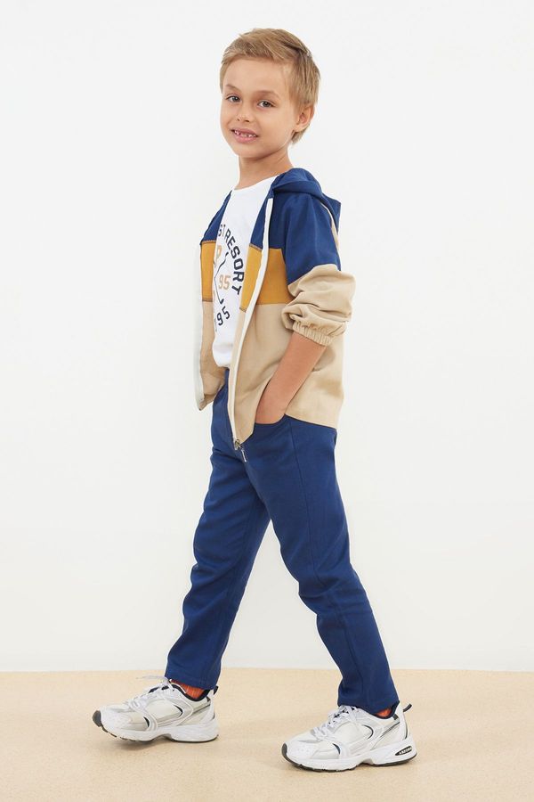 Trendyol Trendyol Navy Blue 3-Piece Boy Printed Cardigan-T-shirt-Pants Set Knitted Bottom-Top Set