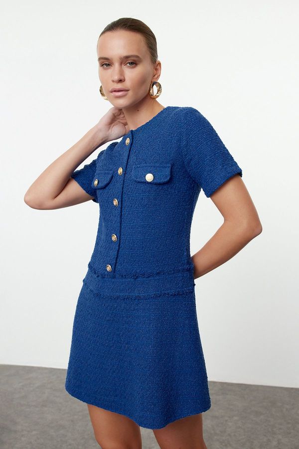 Trendyol Trendyol Navy Blue A-Line Button Detailed Mini Tweed Woven Dress