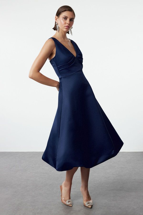 Trendyol Trendyol Navy Blue A-Line Matte Satin Balloon Skirt Detailed Elegant Evening Dress