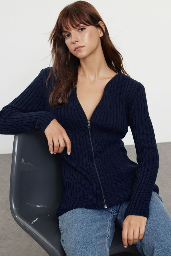 Trendyol Trendyol Navy Blue Basic Zippered Ribbed Knitwear Cardigan
