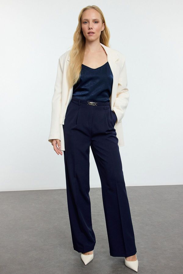 Trendyol Trendyol Navy Blue Belt Detailed Wide Leg Fabric Trousers