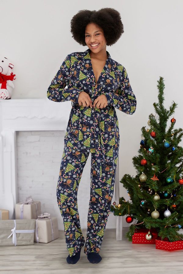 Trendyol Trendyol Navy Blue Belted 100% Cotton New Year Themed Shirt-Pants Knitted Pajama Set