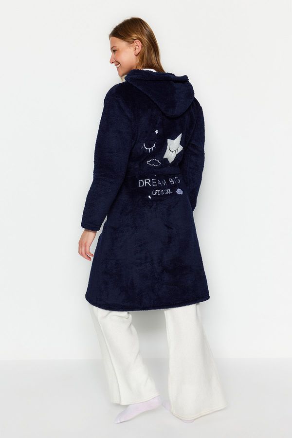 Trendyol Trendyol Navy Blue Belted Back Embroidery Detailed Hooded Wellsoft Winter Knitted Dressing Gown