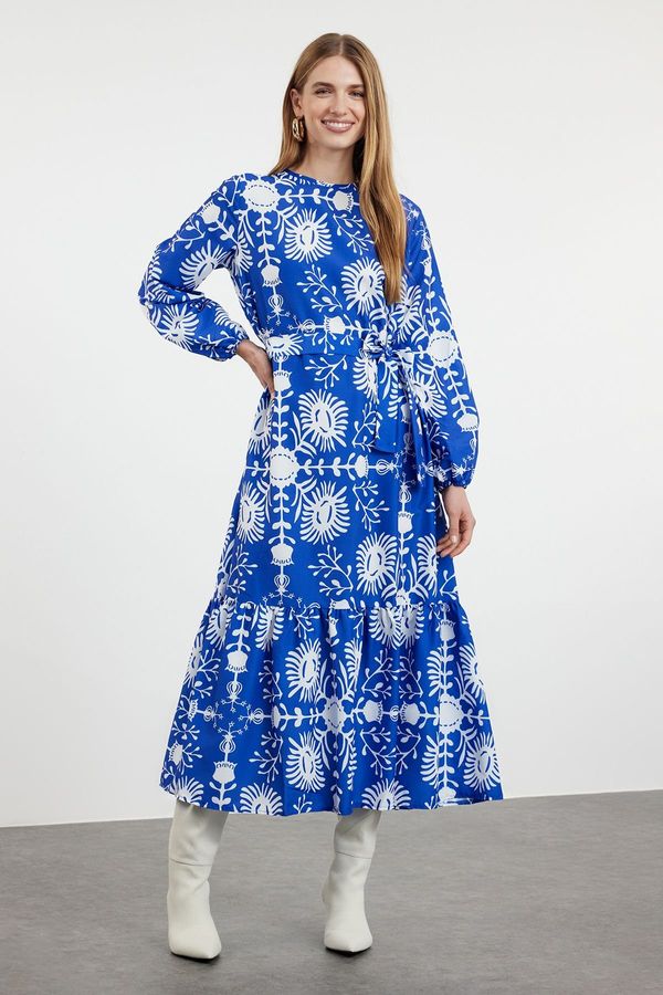 Trendyol Trendyol Navy Blue Belted Floral Woven Dress
