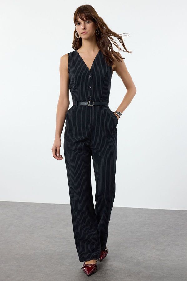 Trendyol Trendyol Navy Blue Belted Striped Front Button Detail Long Jumpsuit