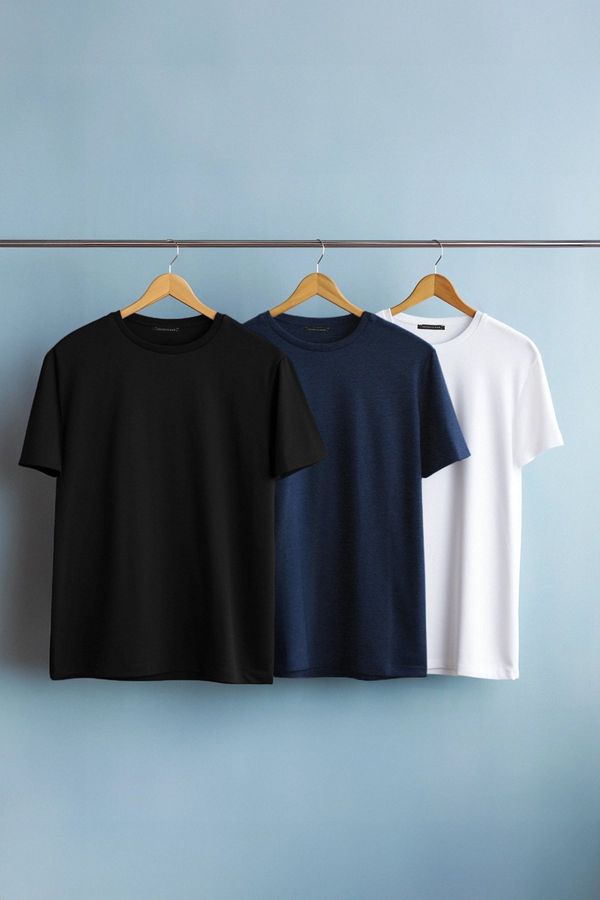 Trendyol Trendyol Navy Blue-Black-White Basic Slim 100% Cotton 3-Pack T-Shirt