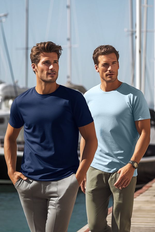 Trendyol Trendyol Navy Blue-Blue Basic Slim Fit 100% Cotton 2-Pack Short Sleeve T-Shirt