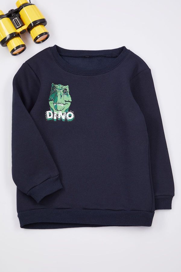 Trendyol Trendyol Navy Blue Boy Dinosaur Patterned Cotton Knitted Sweatshirt