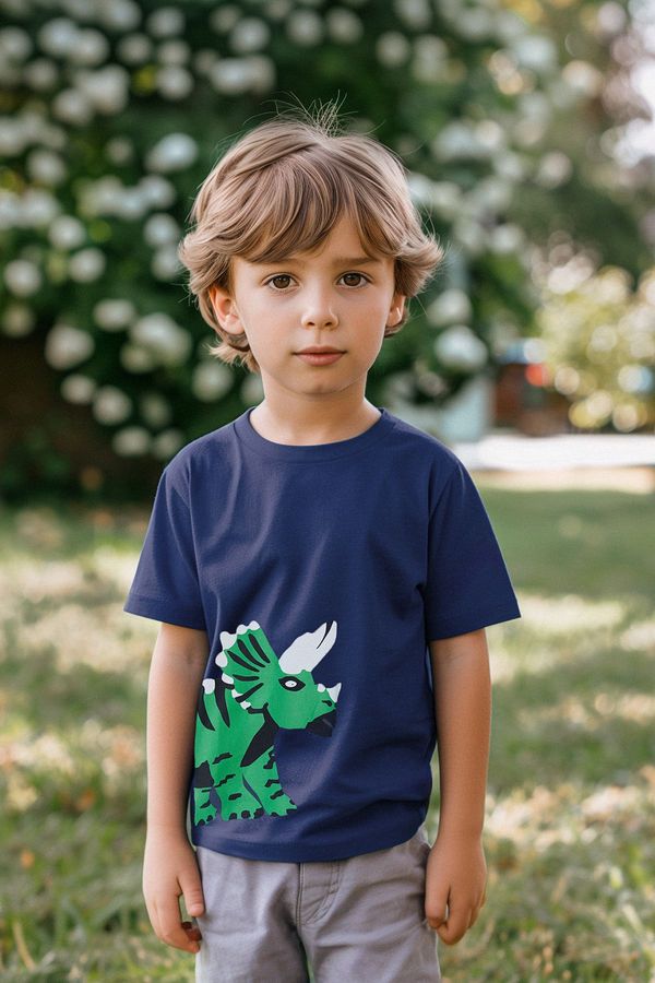 Trendyol Trendyol Navy Blue Boy Dinosaur Patterned Cotton Knitted T-Shirt