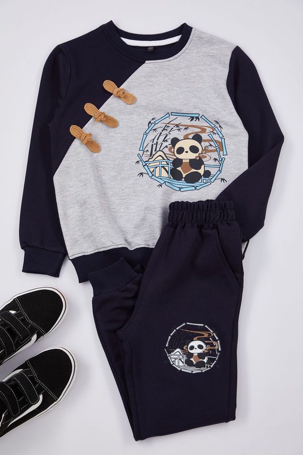 Trendyol Trendyol Navy Blue Boy Seasonal-Thin Teddy Bear Printed Knitted Bottom-Top Set