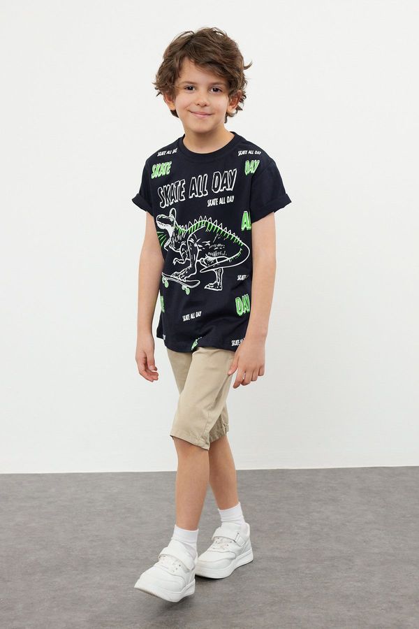 Trendyol Trendyol Navy Blue Boy's Dinosaur Patterned Short Sleeve Knitted T-Shirt