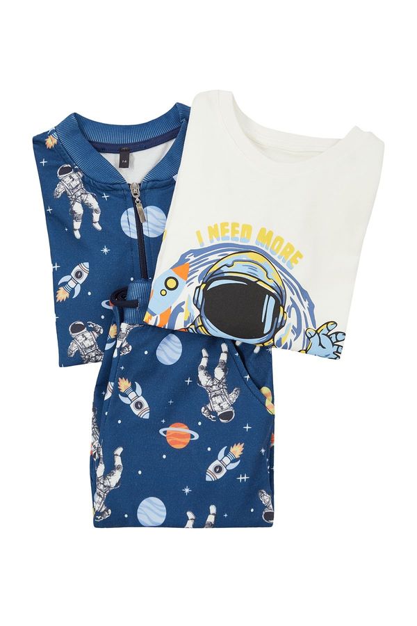 Trendyol Trendyol Navy Blue Boy's Galactic Patterned T-shirt Trousers Jacket Set Knitted Top-Bottom Suit