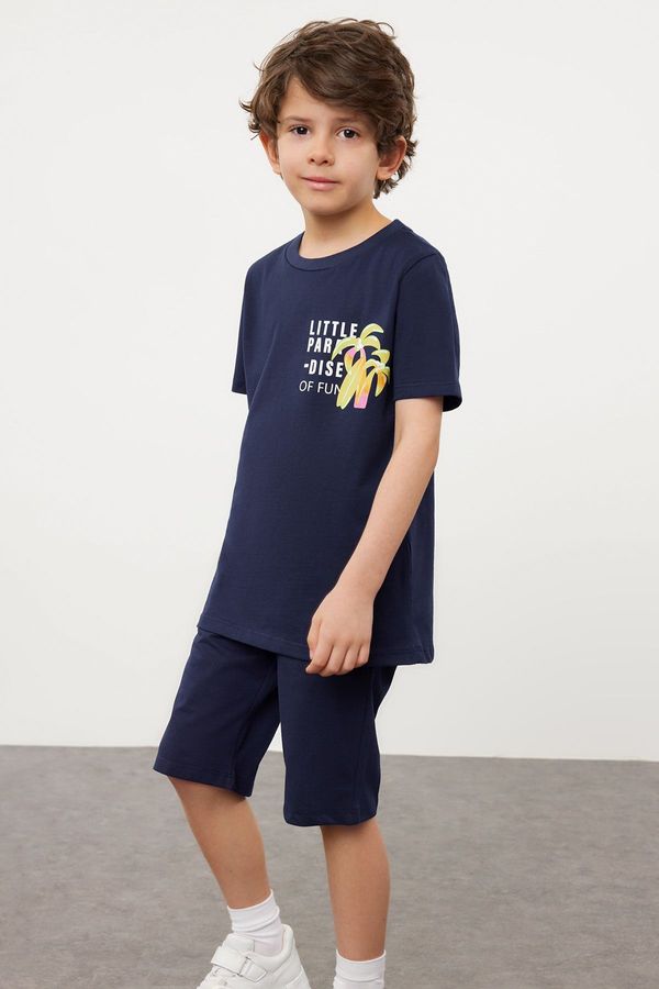 Trendyol Trendyol Navy Blue Boy's Patterned Short Sleeve T-shirt Shorts Knitted Set Top-Bottom Suit