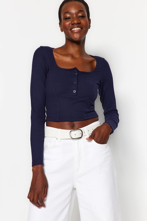 Trendyol Trendyol Navy Blue Button Detailed Square Collar Fitted/Situated Corduroy Stretch Knitted Blouse