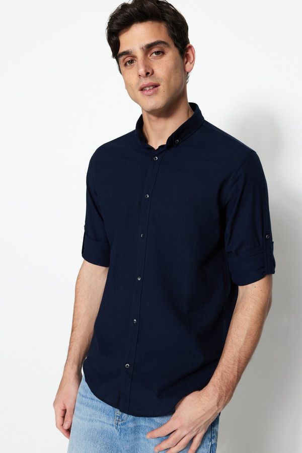 Trendyol Trendyol Navy Blue Buttoned Collar Epaulette Slim Fit Long Sleeve 100% Cotton Shirt