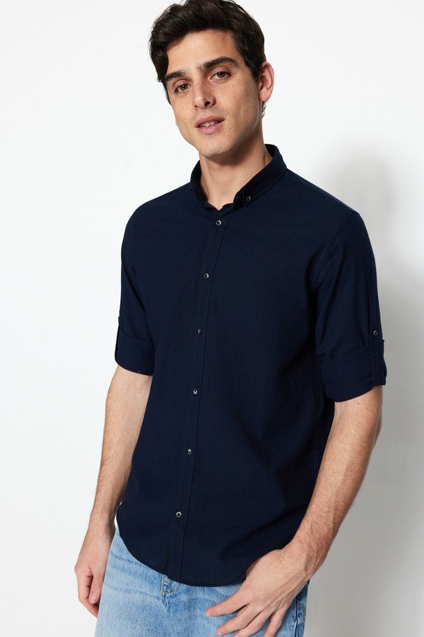 Trendyol Trendyol Navy Blue Buttoned Collar Epaulettes Slim Fit Long Sleeve 100% Cotton Shirt