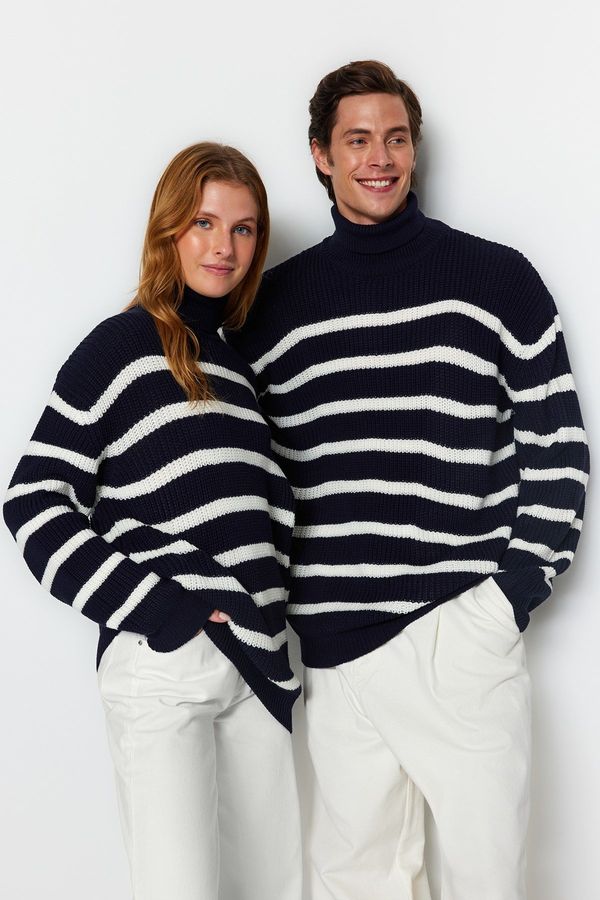 Trendyol Trendyol Navy Blue Casual Unisex Oversize Fit Wide Pattern Striped Knitwear Sweater