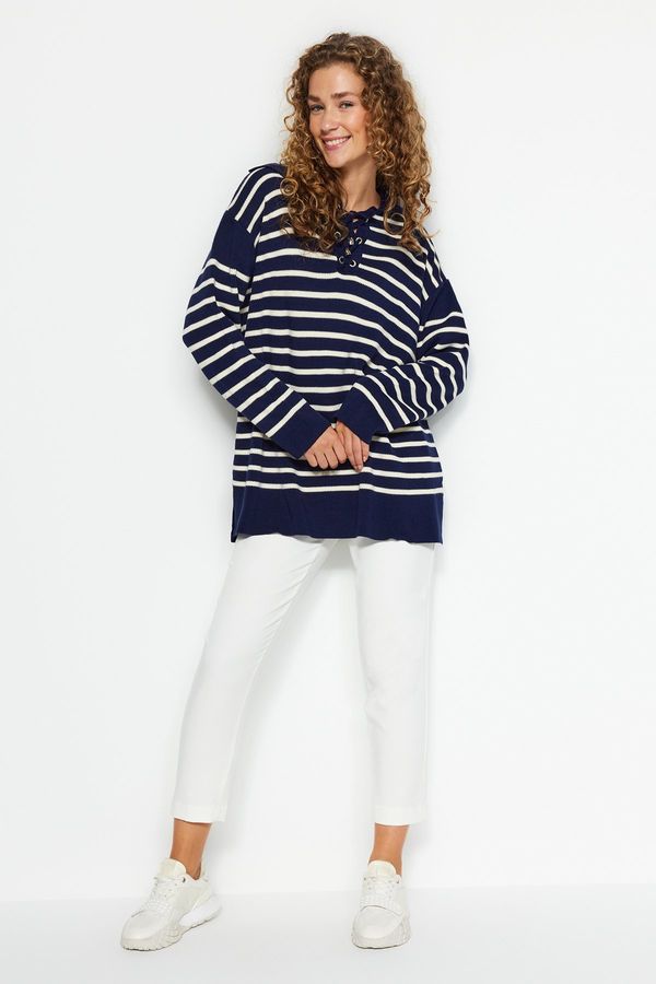 Trendyol Trendyol Navy Blue Comfort Fit Striped Knitwear Sweater