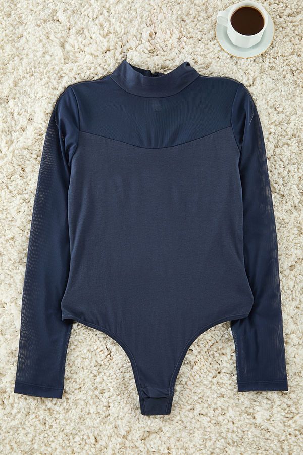 Trendyol Trendyol Navy Blue Cotton Tulle Detailed Long Sleeve Snap Knit Bodysuit