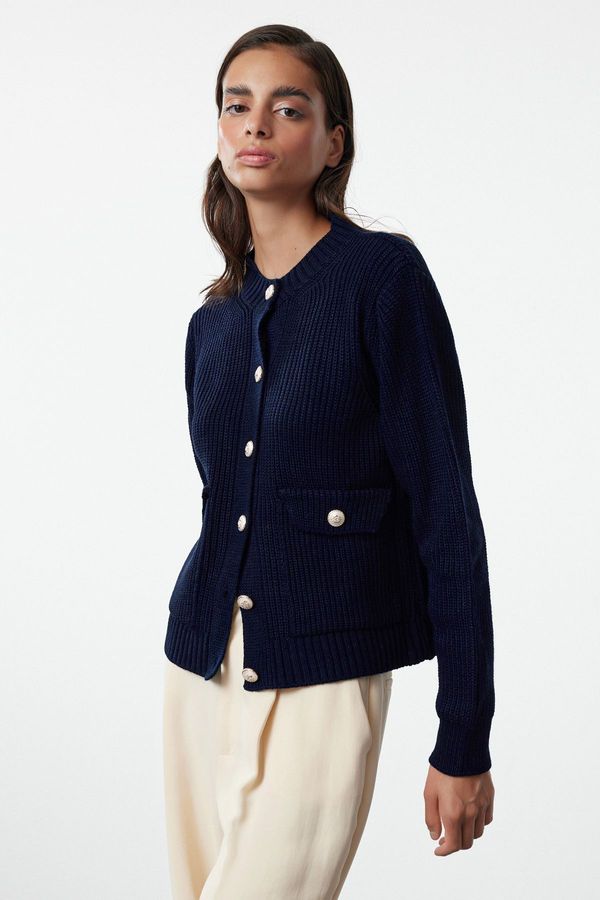 Trendyol Trendyol Navy Blue Crew Neck Jacket-Look Knitwear Cardigan