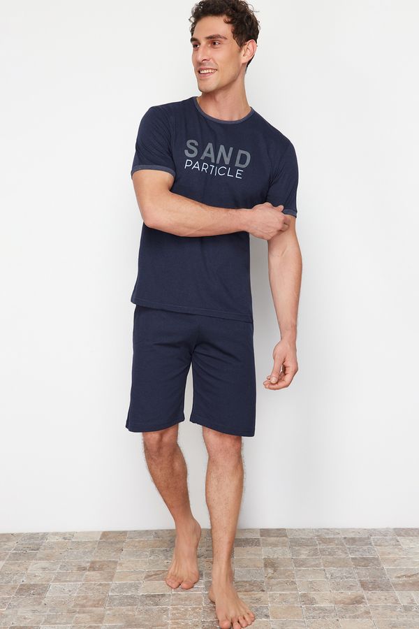 Trendyol Trendyol Navy Blue Crew Neck Regular Fit Pajama Set with Knitted Shorts