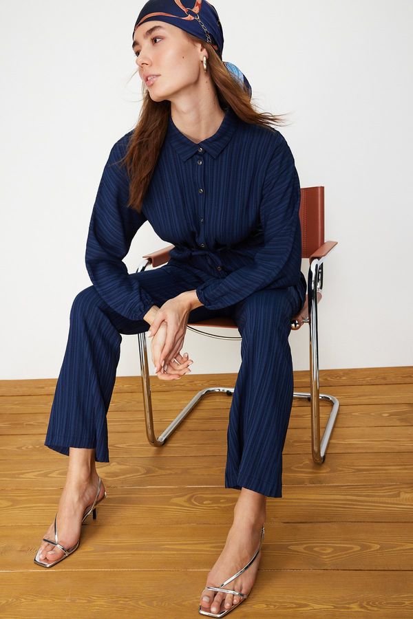 Trendyol Trendyol Navy Blue Crinkle Shirt Trousers Woven Bottom Top Set