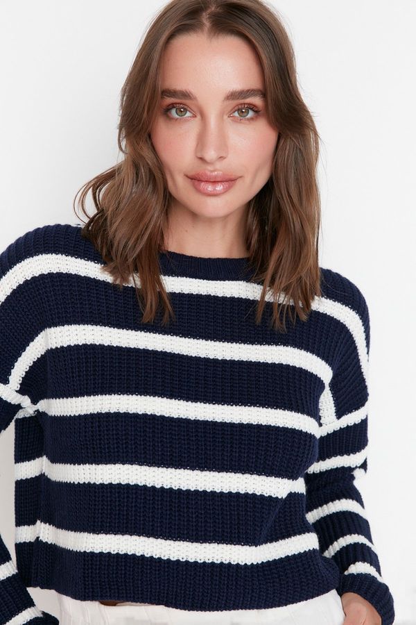Trendyol Trendyol Navy Blue Crop Basic Striped Knitwear Sweater