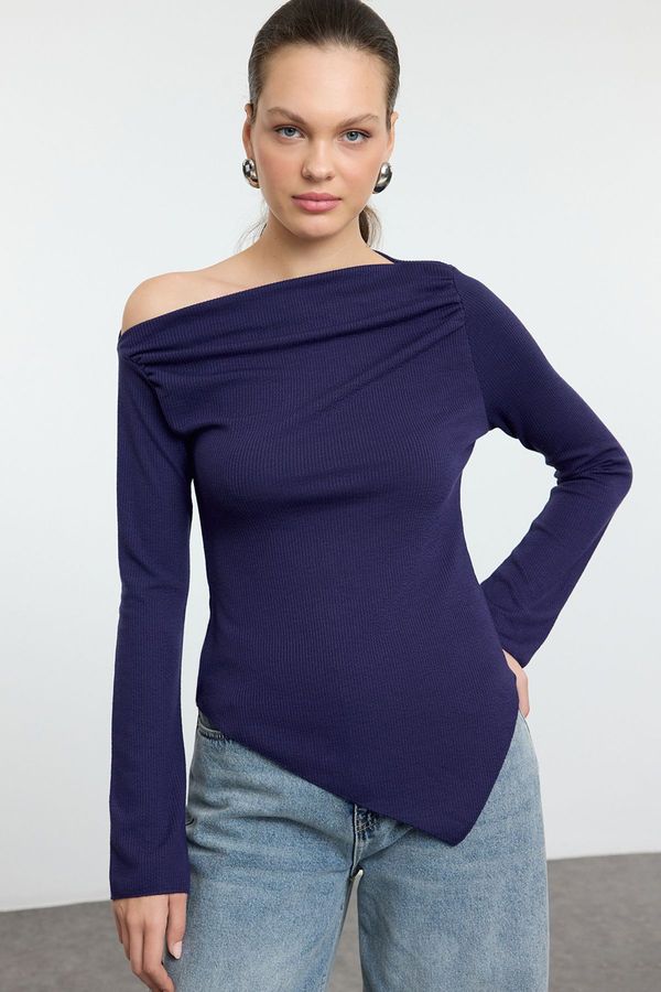 Trendyol Trendyol Navy Blue Draped Boat Neck Asymmetric Flexible Knitted Blouse