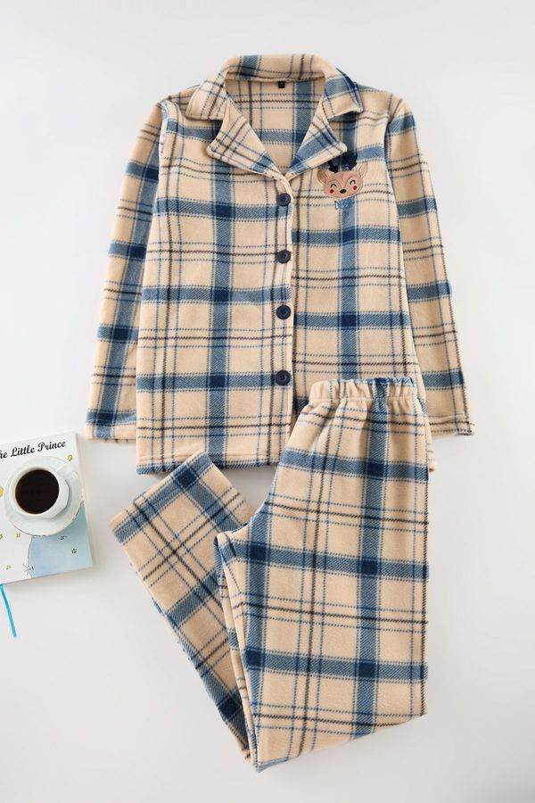 Trendyol Trendyol Navy Blue Embroidered Plaid Fleece Winter Knitted Pajama Set