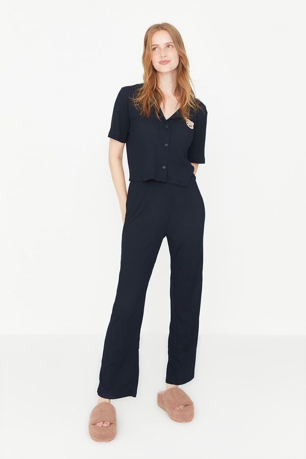 Trendyol Trendyol Navy Blue Embroidered Ribbed Shirt-Pants and Knitted Pajamas Set