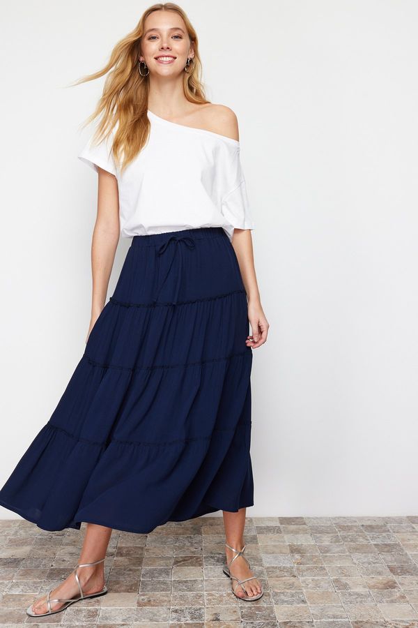 Trendyol Trendyol Navy Blue Flared Maxi Length Woven Skirt with Gather Detail at Waist