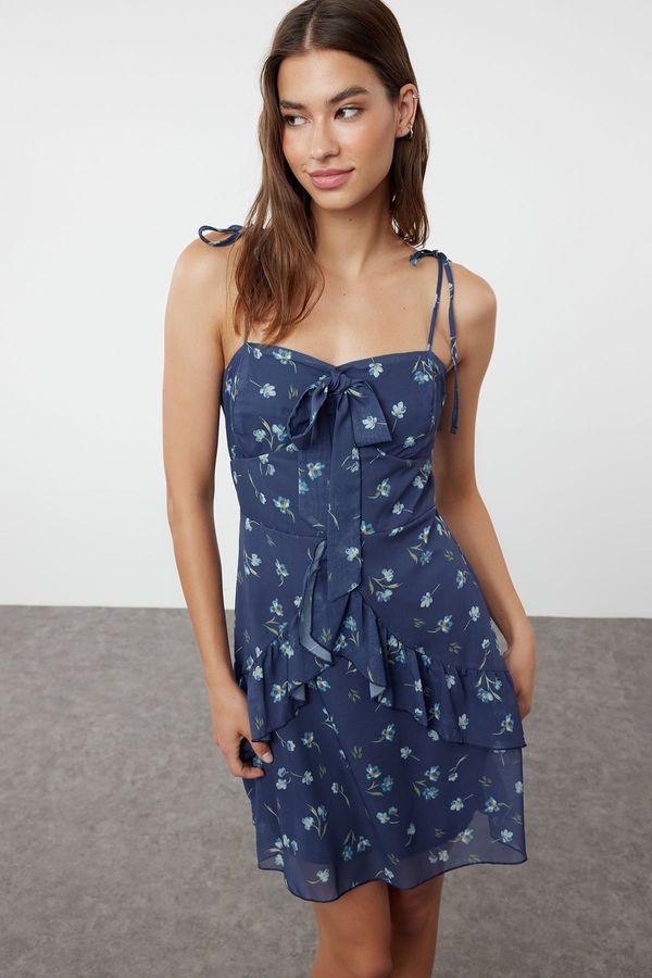 Trendyol Trendyol Navy Blue Floral A-line Chiffon Lined Mini Woven Dress