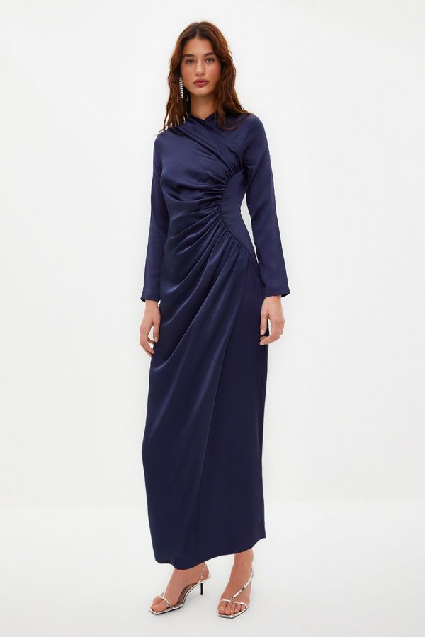 Trendyol Trendyol Navy Blue Gather Detailed Woven Satin Evening Dress