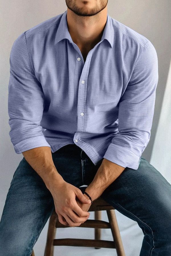 Trendyol Trendyol Navy Blue Gingham Patterned Regular Easy Iron Men's Shirt