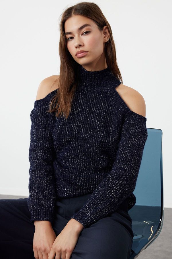 Trendyol Trendyol Navy Blue Glitter Window/Cut Out Detailed Knitwear Sweater