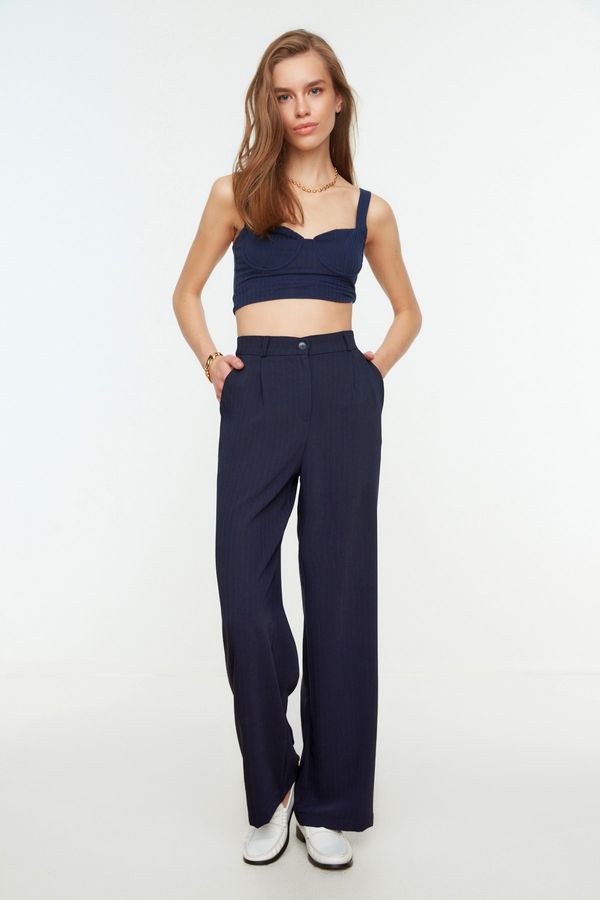 Trendyol Trendyol Navy Blue High Waist Wide Leg Striped Woven Trousers