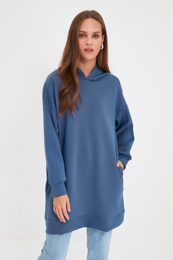 Trendyol Trendyol Navy Blue Hooded Pocket Scuba Knitted Oversize Sweatshirt