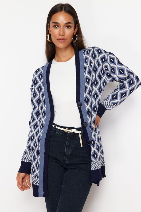 Trendyol Trendyol Navy Blue Jacquard Button Detailed Knitwear Cardigan