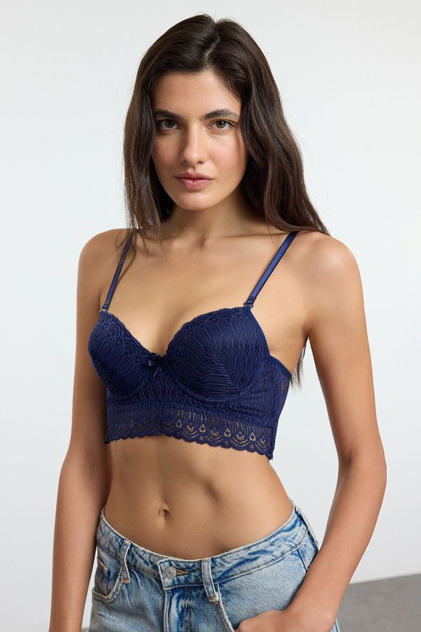 Trendyol Trendyol Navy Blue Lace Openwork/Hole Rope Strap Push Up Bustier Knitted Bra