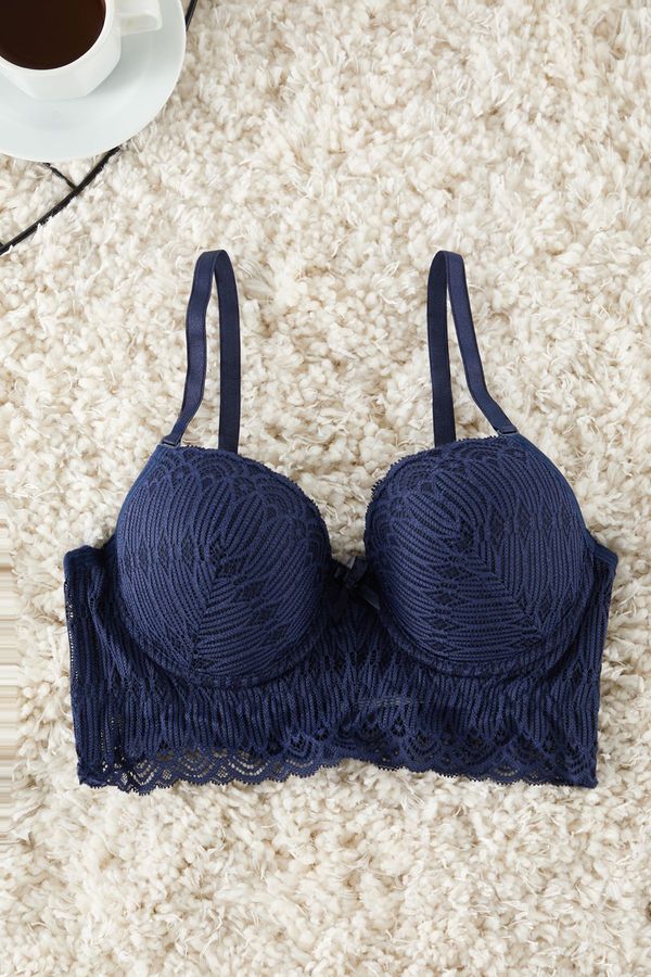 Trendyol Trendyol Navy Blue Lace Openwork/Hole Rope Strap Push Up Bustier Knitted Bra