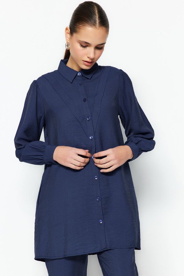 Trendyol Trendyol Navy Blue Linen Look Shirt-Pants Woven Suit